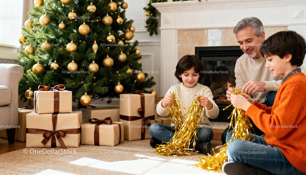 Family Decorating Christmas Tree and Wrapping Presents