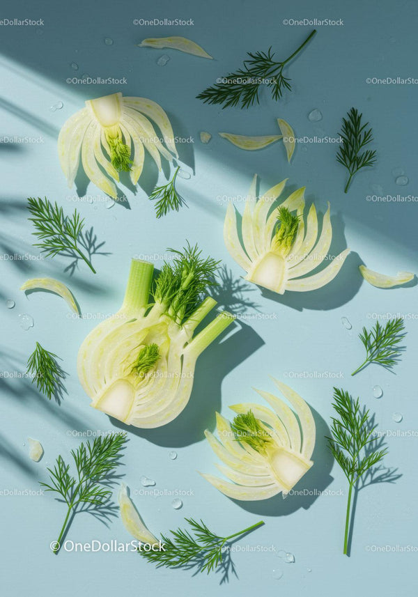 Fresh sliced fennel bulbs with dill on pastel surface