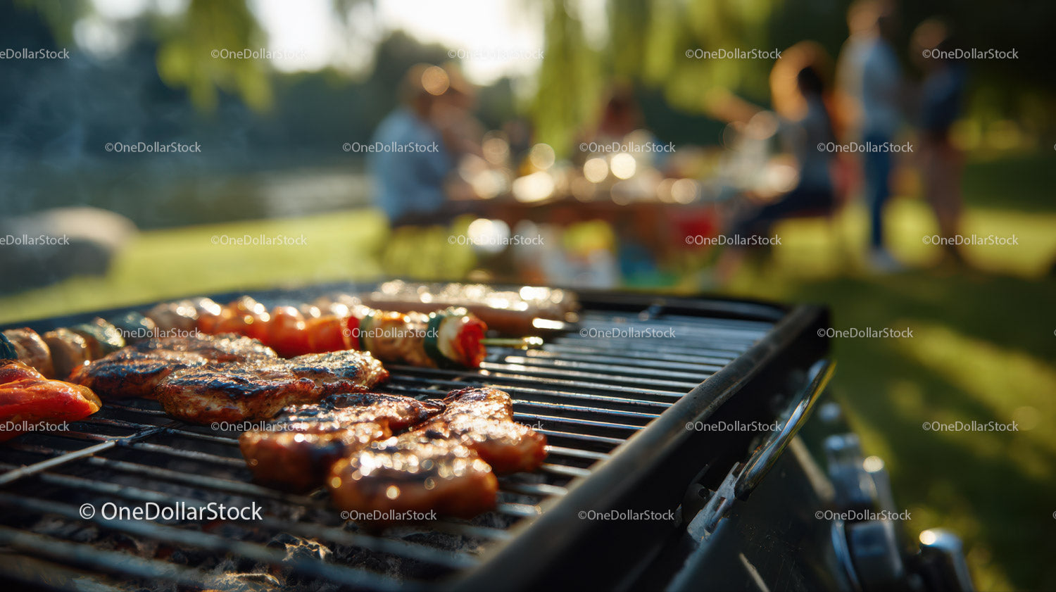 Close-up of Juicy Meat Skewers on Outdoor Barbecue Grill Scene