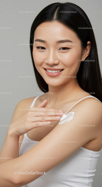 Young Woman Enjoying Skincare Routine Applying Lotion on Shoulder
