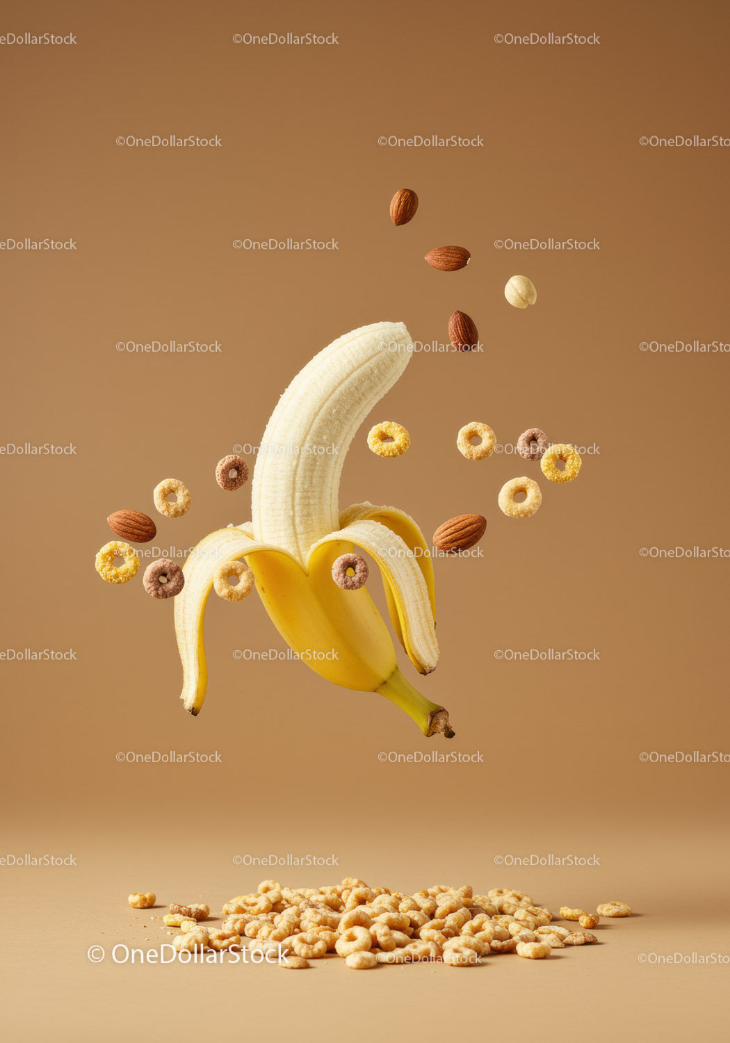 Peeled banana with floating almonds and cereal pieces