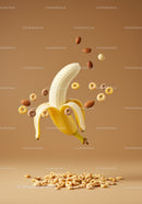 Peeled banana with floating almonds and cereal pieces