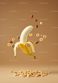 Peeled banana with floating almonds and cereal pieces
