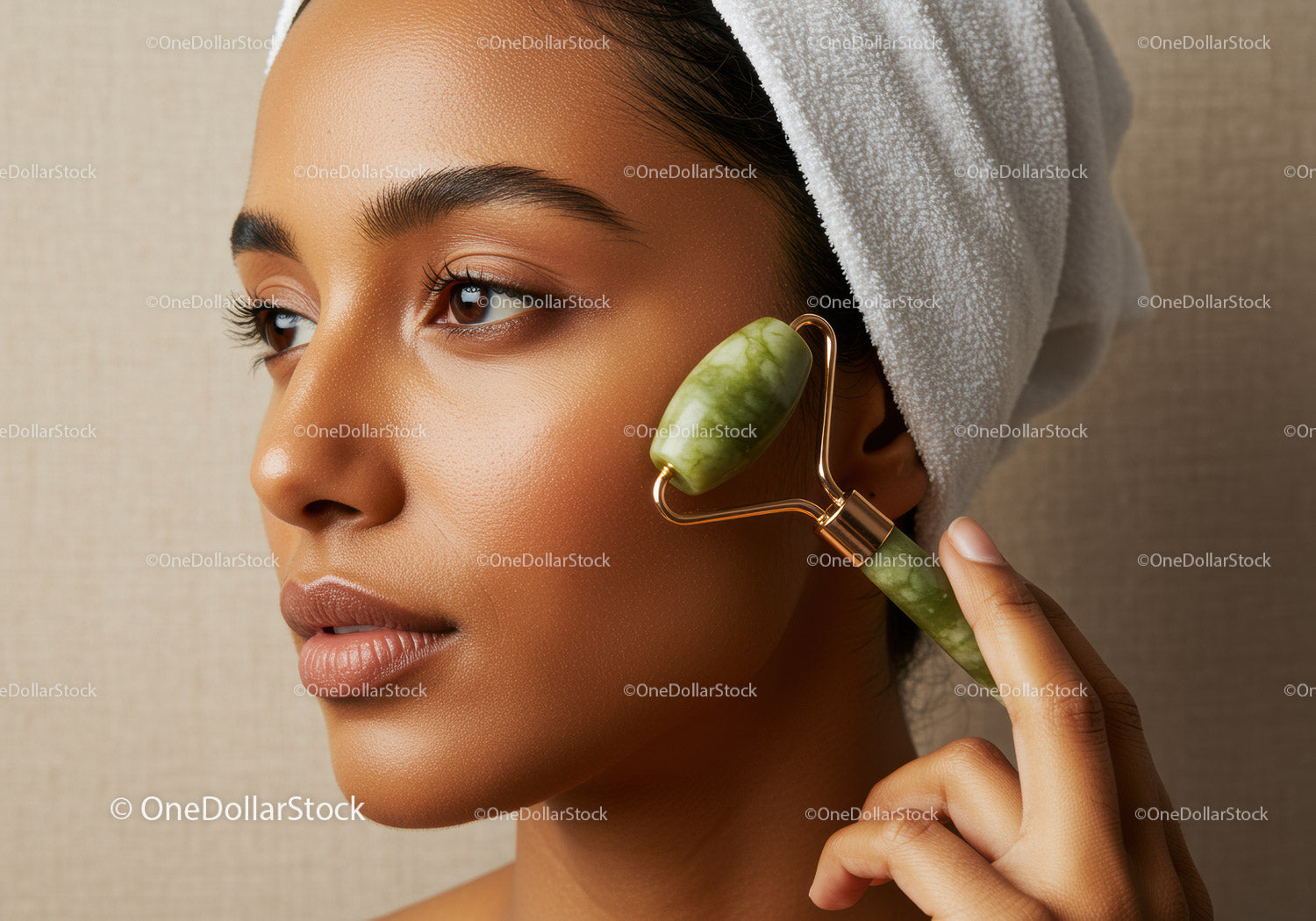 Asian Woman Using Jade Roller for Facial Massage Skincare Routine