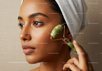 Asian Woman Using Jade Roller for Facial Massage Skincare Routine