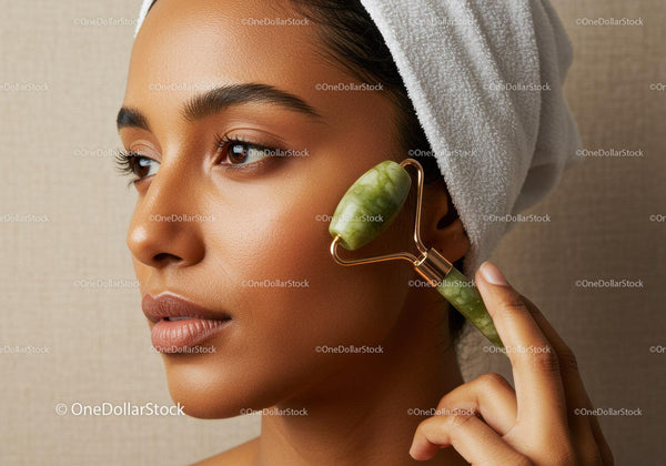 Asian Woman Using Jade Roller for Facial Massage Skincare Routine