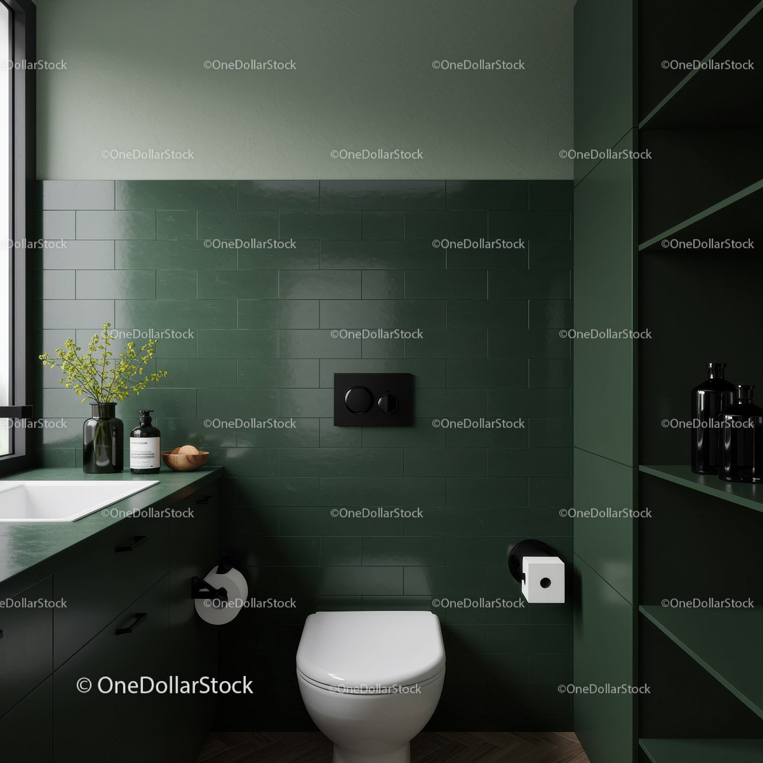 Green Kitchen with Dark Green Cabinets and Modern Design