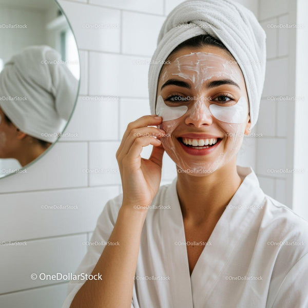 Happy woman enjoying facial skincare routine at home