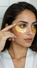 Close-up of a woman with facial gold patches applying skincare treatment