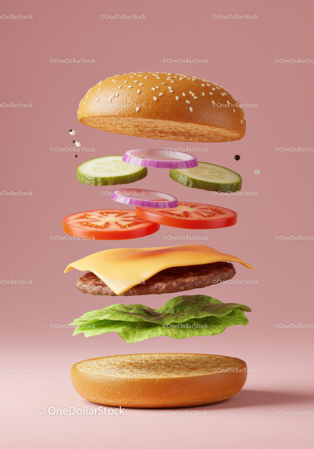 Fresh floating cheeseburger ingredients on pink background