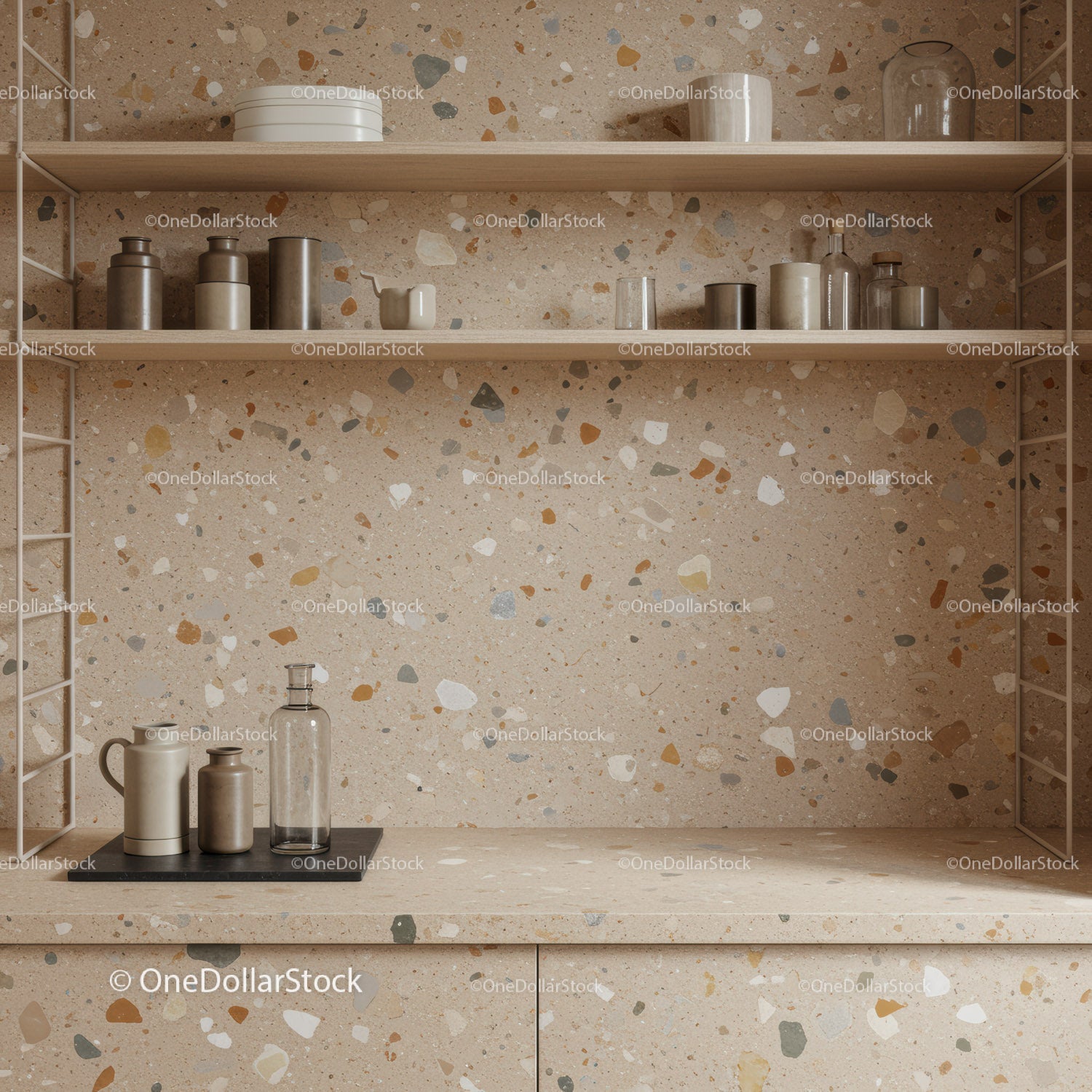 Decorative Kitchen Shelves with Ceramic and Glassware on Terrazzo Wall
