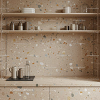 Decorative Kitchen Shelves with Ceramic and Glassware on Terrazzo Wall
