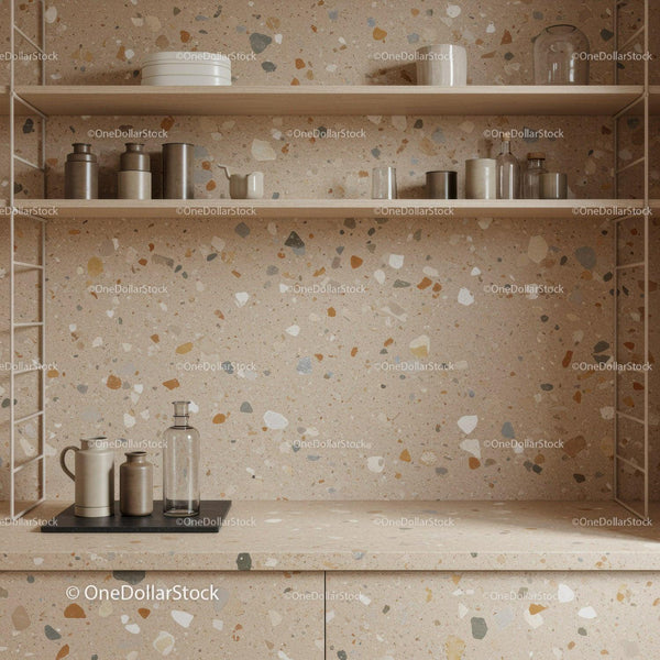 Dekoracyjne Półki Kuchenne z Ceramiką i Szkłem na Ścianie Terrazzo