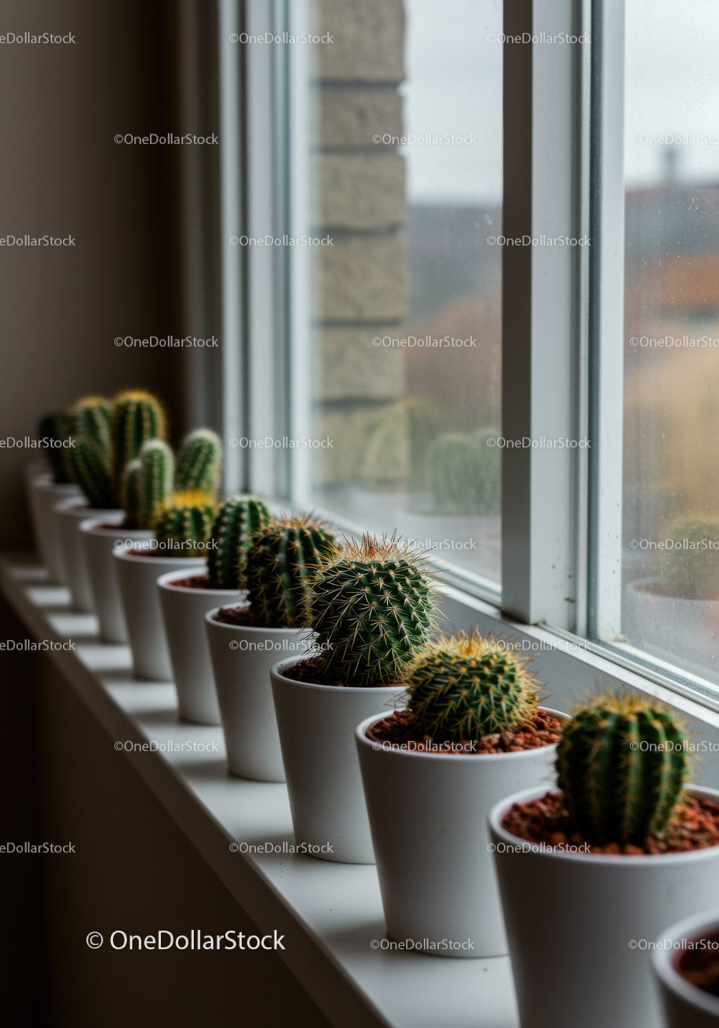 Indoor Cactus Collection on Windowsill with Natural Light