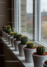 Indoor Cactus Collection on Windowsill with Natural Light
