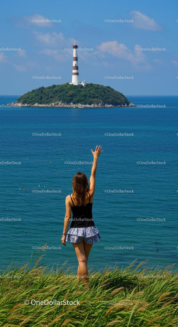 Woman Waving Toward a Lighthouse on an Isolated Island Scene