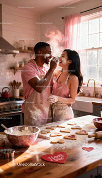 Couple joyfully baking heart cookies in sunny kitchen