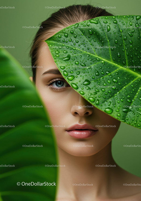 Close-up of Woman's Face with Tropical Greenery and Water Droplets