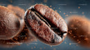 Flying Coffee Beans in Motion on a Dark Background