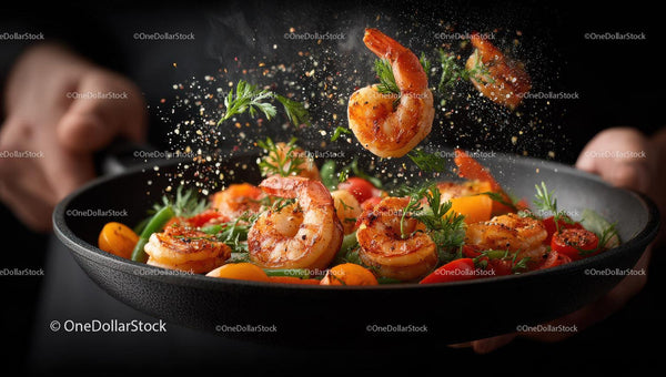 Fresh Sautéed Shrimp with Cherry Tomatoes and Herbs in Black Skillet