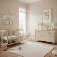Bright and Cozy Baby Nursery with Beige Walls and Wooden Furniture