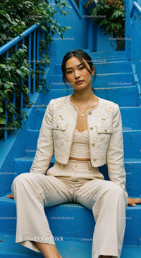 Chic Young Woman Sitting on Blue Stairs in Urban Environment