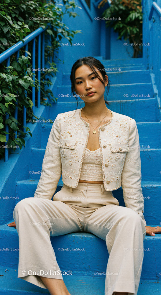 Chic Young Woman Sitting on Blue Stairs in Urban Environment