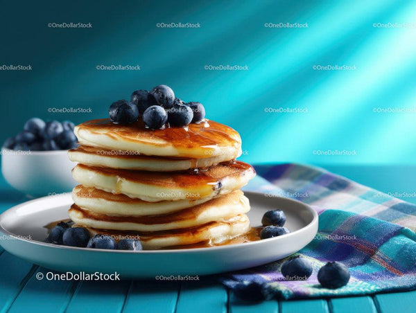 Stack of Fluffy Pancakes with Blueberries and Syrup in Bright Setting