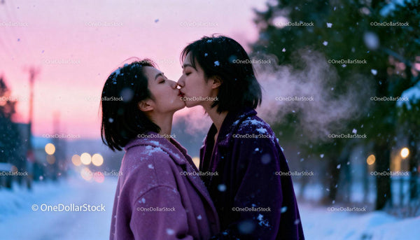 Couple sharing a tender kiss in snowy winter sunset