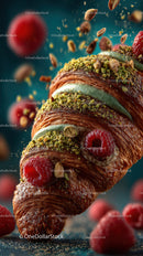 Chocolate Croissant with Raspberries and Pistachios Garnish