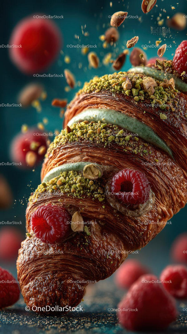 Chocolate Croissant with Raspberries and Pistachios Garnish