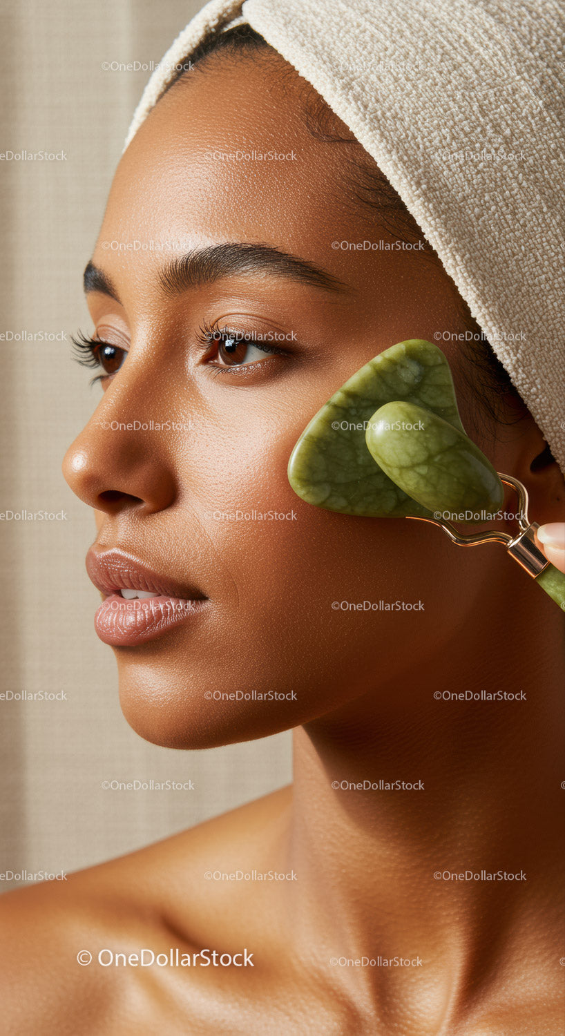 Close-up of a Woman Using Jade Roller on Her Face for Skincare