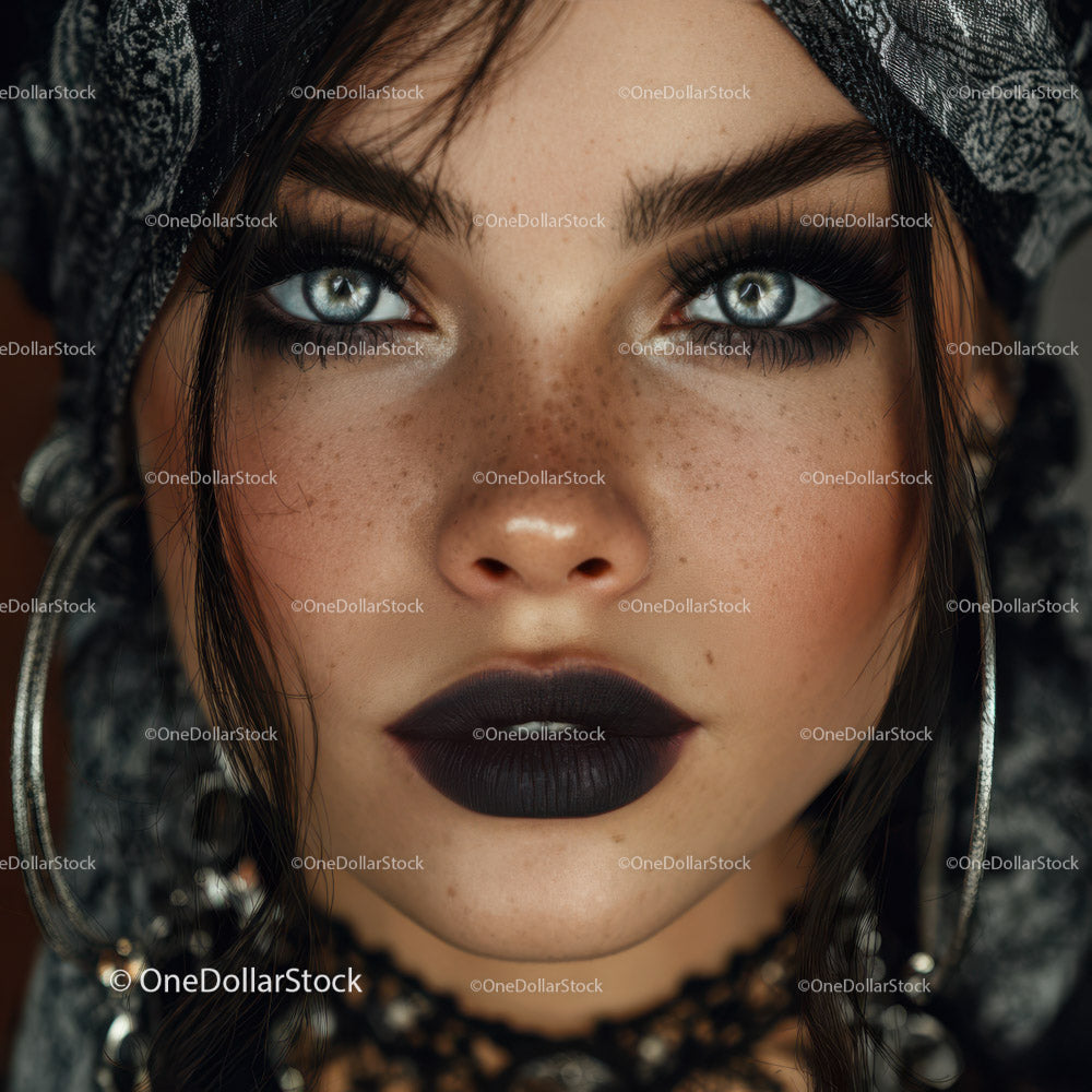 Close-up Portrait of Woman with Blue Eyes and Dark Makeup