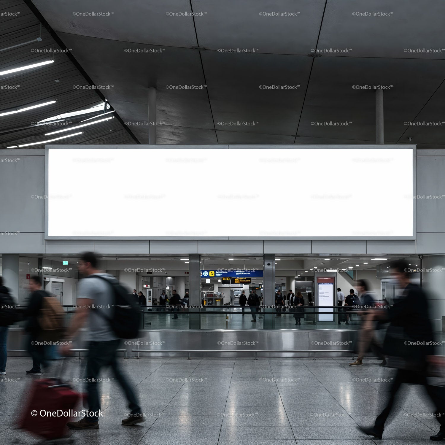 Busy airport terminal with blank advertising billboard