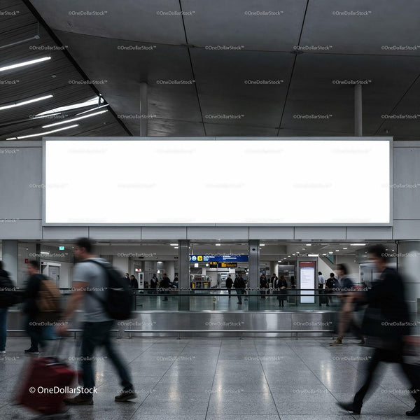 Busy airport terminal with blank advertising billboard JPG Mockup Image