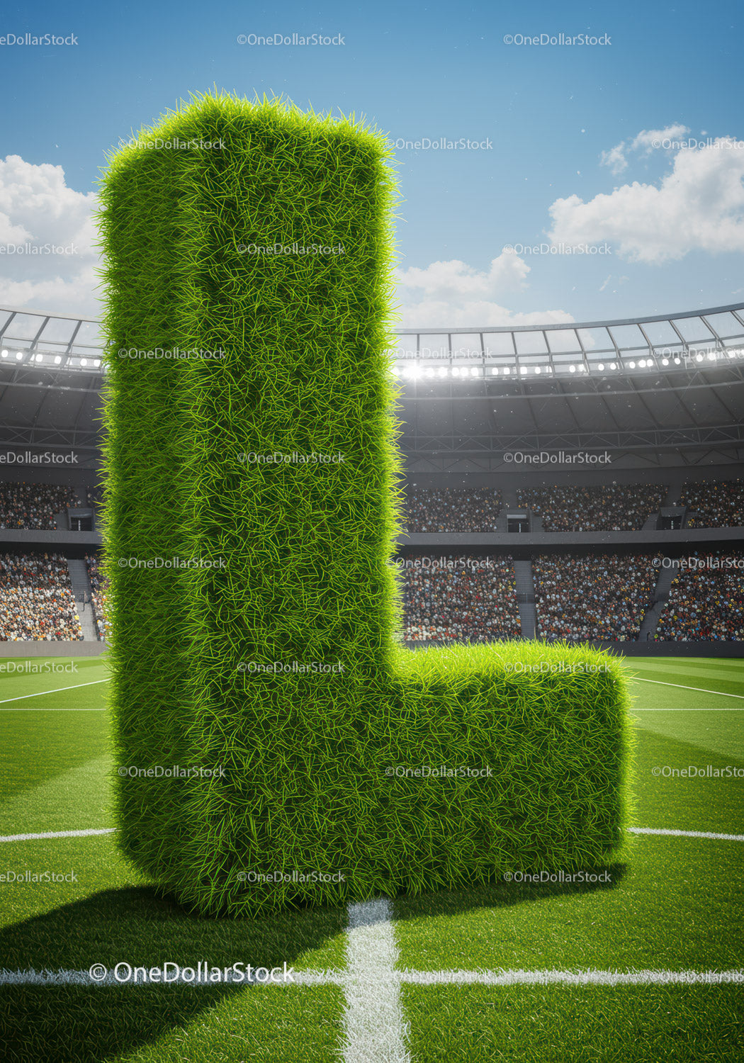 Large grass letter L on soccer field in stadium