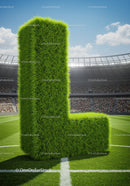 Large grass letter L on soccer field in stadium
