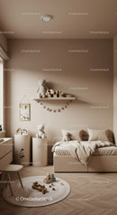Cozy Children's Bedroom with Soft Beige Decor and Wooden Toys