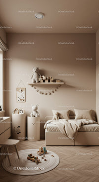 Cozy Children's Bedroom with Soft Beige Decor and Wooden Toys