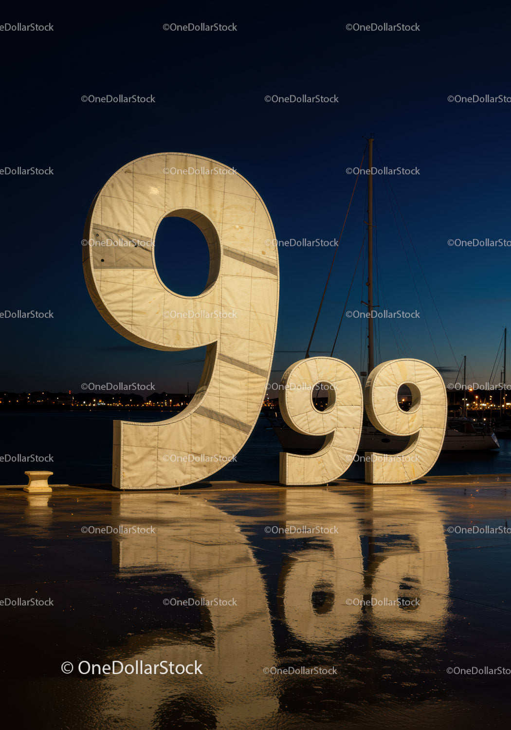 Large illuminated number 999 by waterfront at night