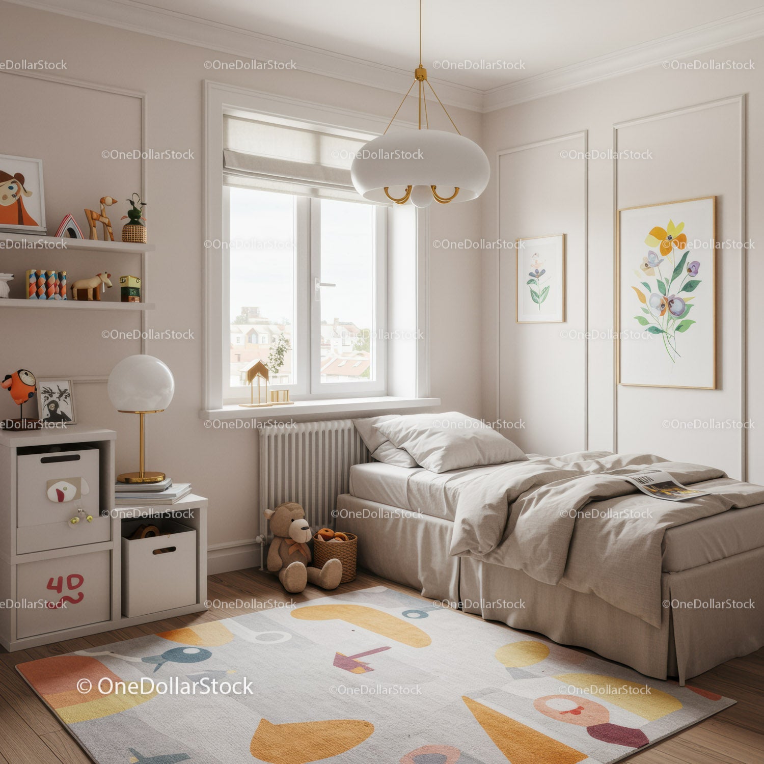 Bright Modern Children Bedroom with Cozy Decor and Playful Rug