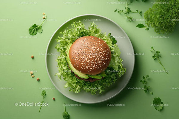 Healthy Plant-Based Burger with Lettuce and Avocado on Green Plate
