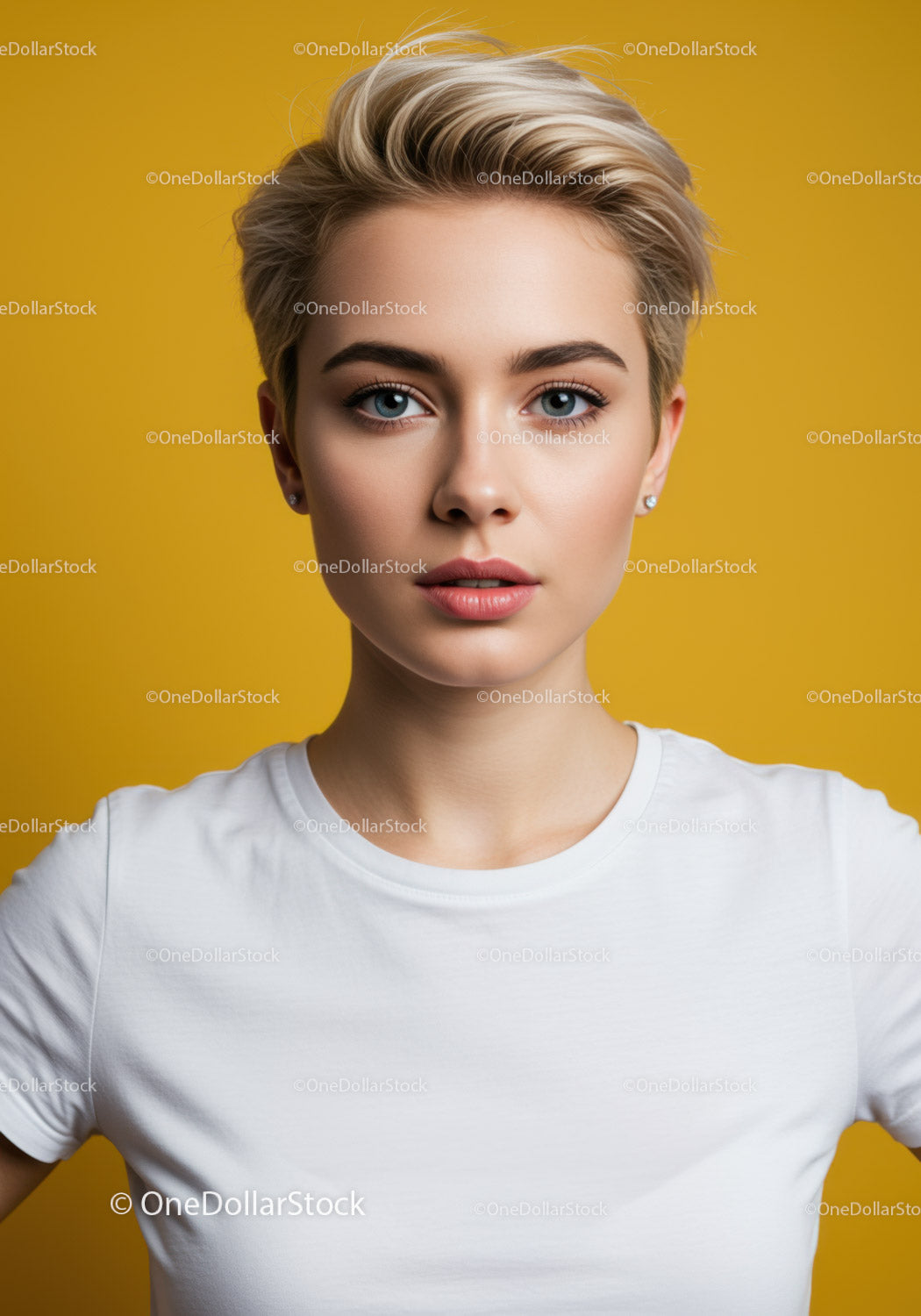 Portrait of a confident young woman with blonde hair on yellow background