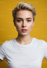 Portrait of a confident young woman with blonde hair on yellow background
