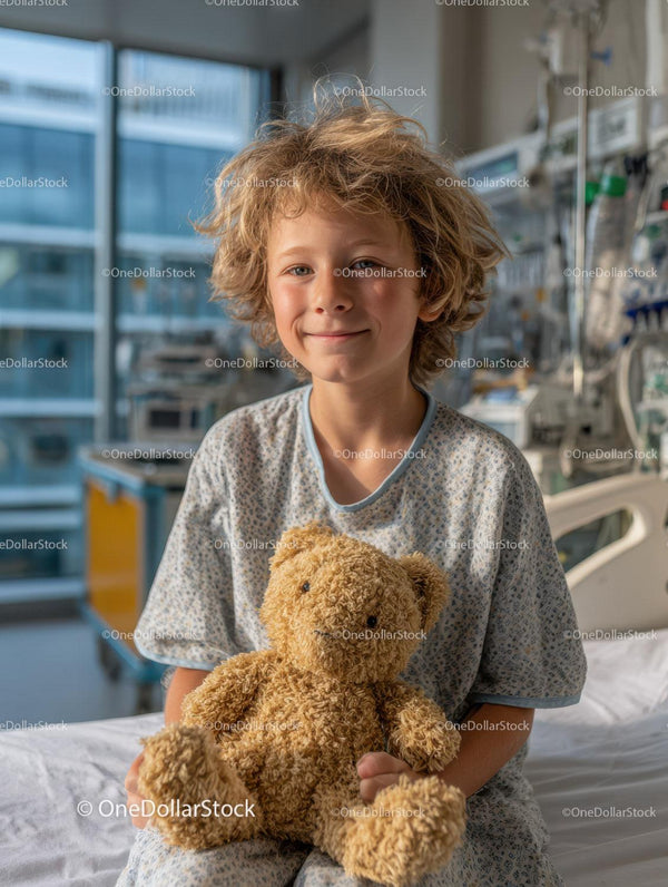Child Patient Smiling with Teddy Bear in Hospital Room
