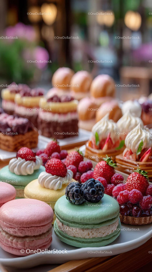 Colorful Assorted Macarons and Berry Topped Pastries on Dessert Plate