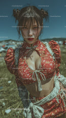 Fashionable Woman in Red Floral Kimono Outdoor Portrait