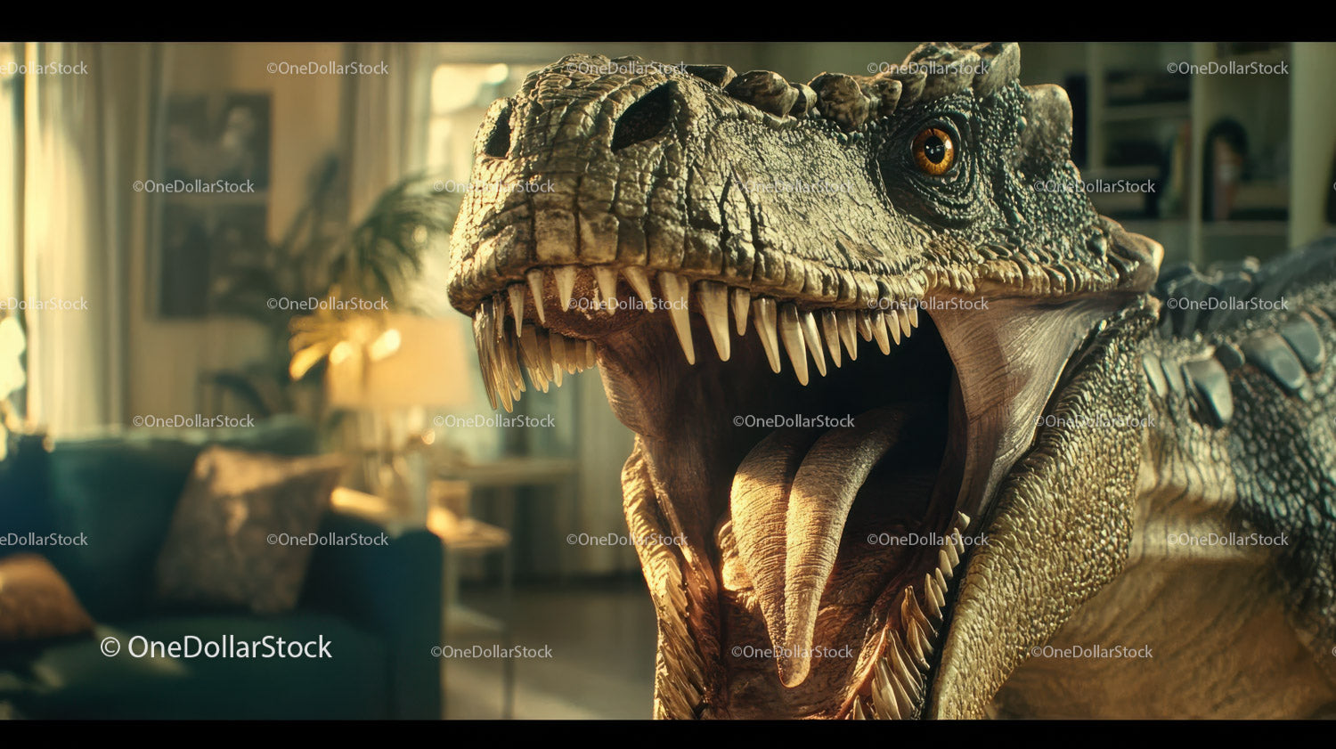 Realistic Dinosaur T-Rex Head Costume with Open Mouth Indoor Scene