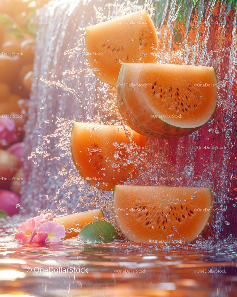 Juicy Watermelon Slices with Water Splash in Fresh Tropical Scene