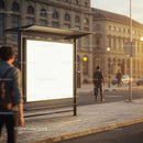 Empty Backlit Bus Stop Advertisement in Urban Street